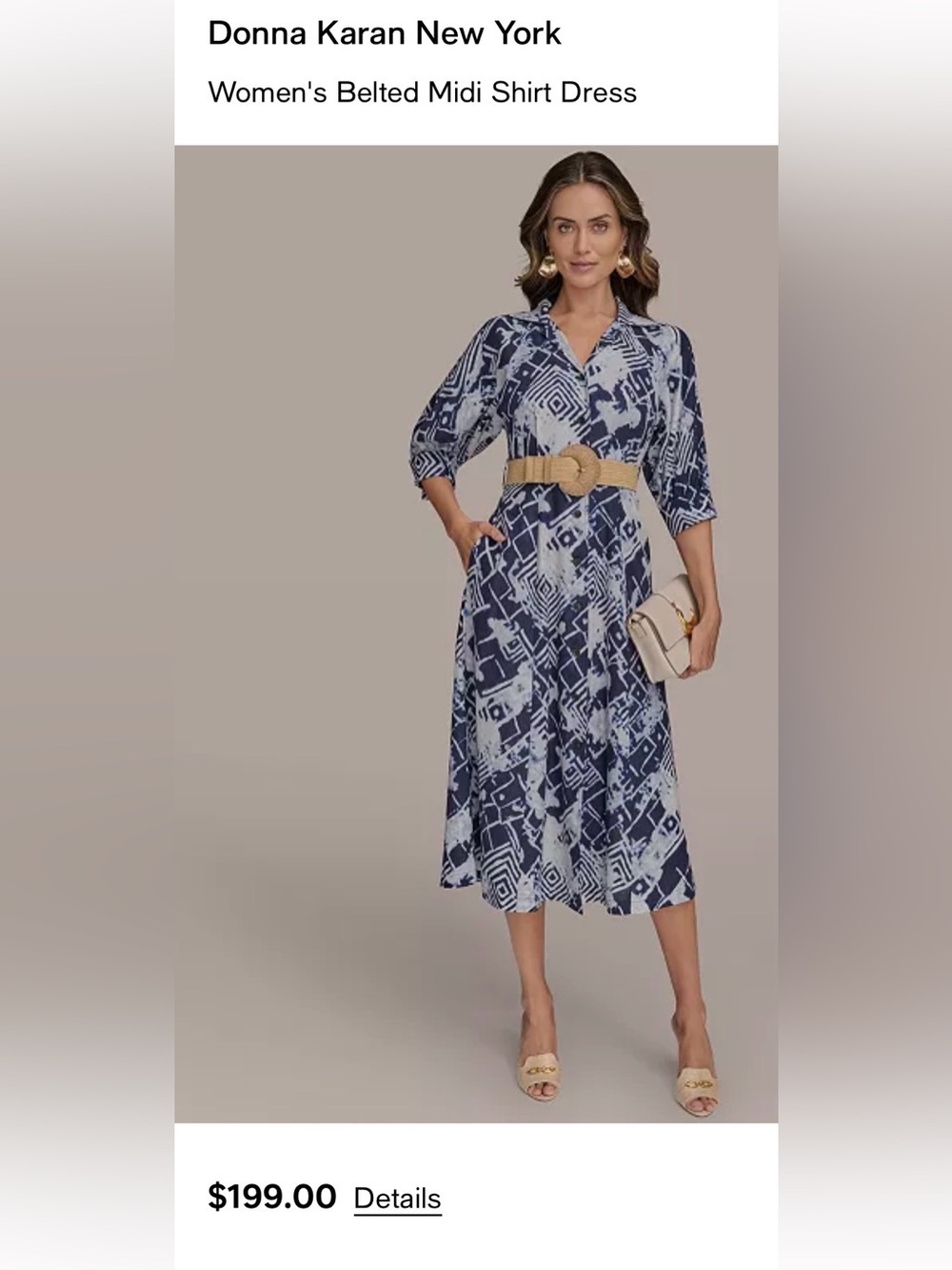 Donna Karan Blue Print Belted Midi Shirt Dress